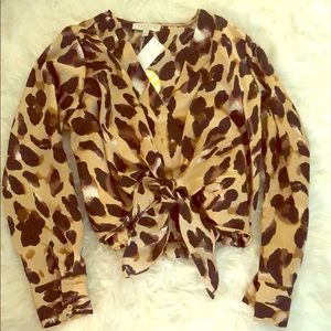 Leopard Tie Front Crop Blouse